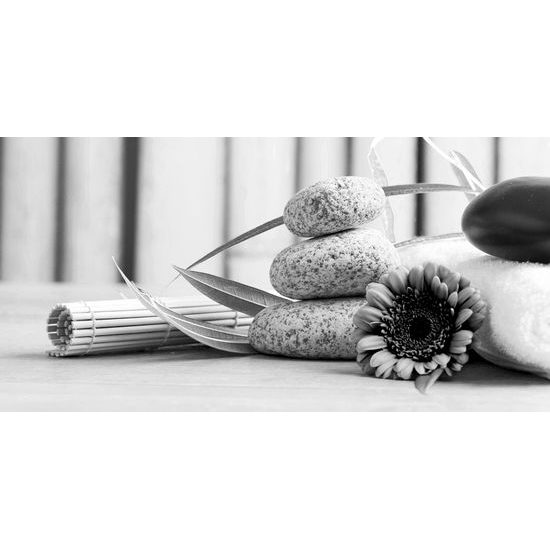 Obraz zátišie s prvkami Feng Shui v čiernobielom prevedení