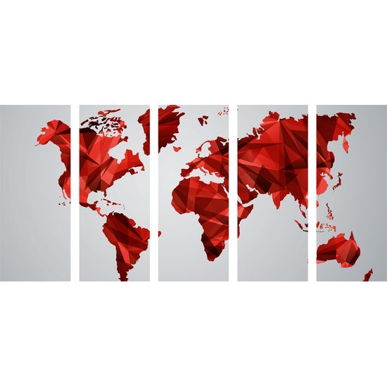 5-dielny obraz mapa sveta tovrená polygonmi v červenom prevedení