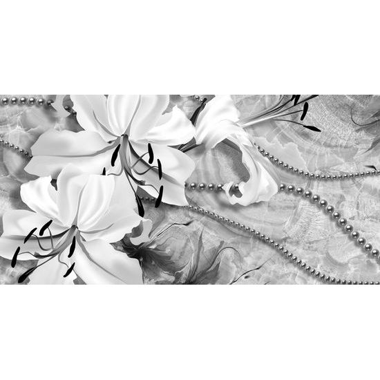 Obraz zátišie s ľáliami a perlami v čiernobielom prevedení