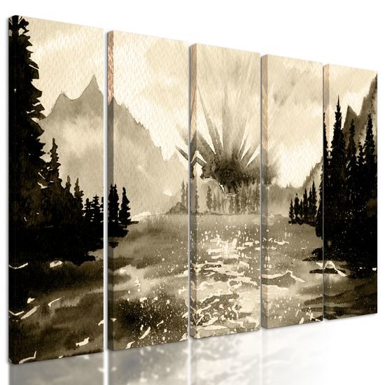 5-dielny obraz maľovaná horská krajinka v sépiovom prevedení