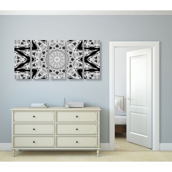 5-dielny obraz nevšedná mandala v čiernobielom prevedení
