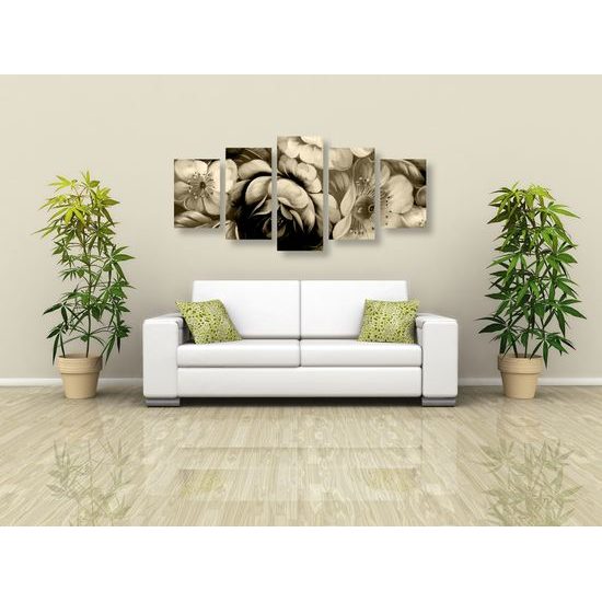 5-dielny obraz abstraktná maľba kvetín v sépiovom prevedení