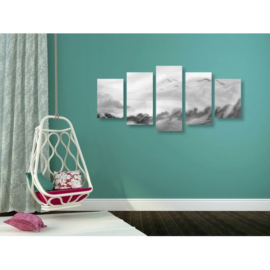 5-dielny obraz divoké čajky v čiernobielom prevedení