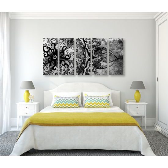 5-dielny obraz slnečná Mandala v čiernobielom prevedení