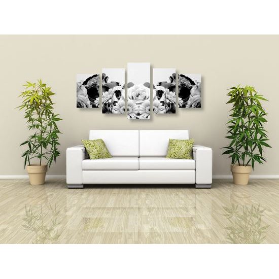 5-dielny obraz pôvabná kvetinová kompozícia v čiernobielom prevedení