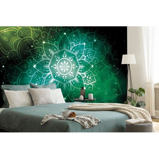 Samolepiaca tapeta Mandala s vesmírnym pozadím v zelenom prevedení