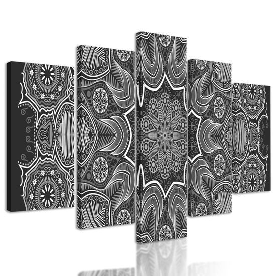 5-dielny obraz kvetinová Mandala v čiernobielom prevedení