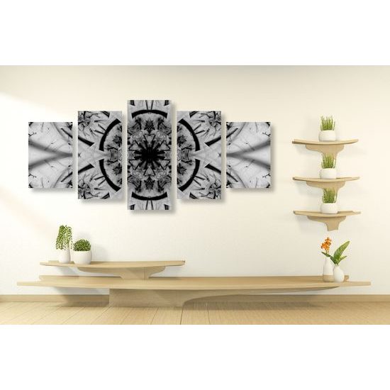 5-dielny obraz futuristická Mandala v čiernobielom prevedení