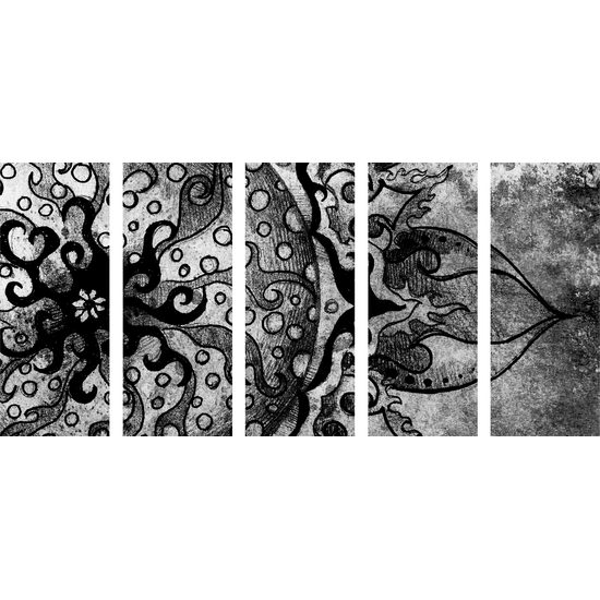 5-dielny obraz slnečná Mandala v čiernobielom prevedení