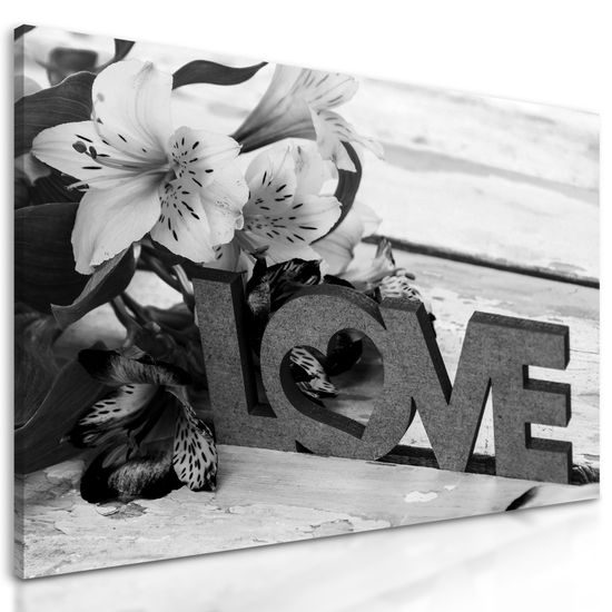 Obraz nápis Love s kvetinovým pozadím v čiernobielom prevedení