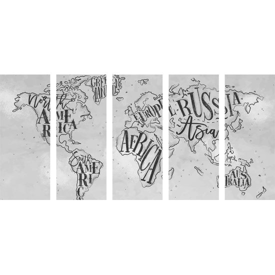 5-dielny obraz abstraktná mapa celého sveta v čiernobielom prevedení