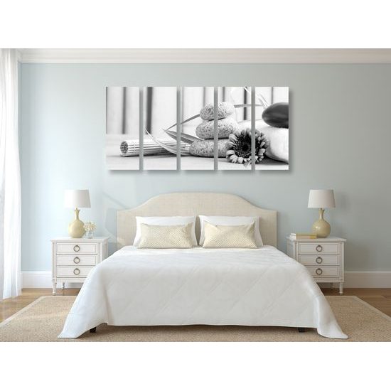 5-dielny obraz zátišie s prvkami Feng Shui v čiernobielom prevedení