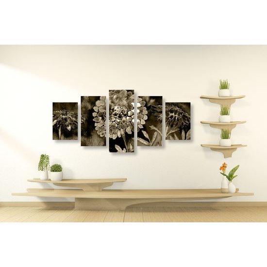 5-dielny obraz sépiova olejomaľba kvetov