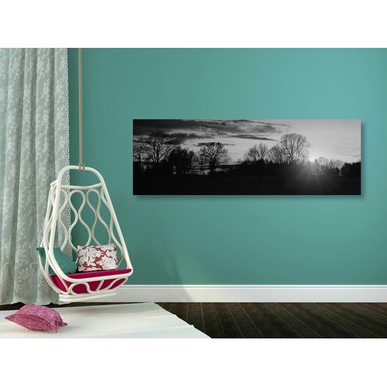 Obraz západ slnka nad malebnou krajinkou v čiernobielom prevedení