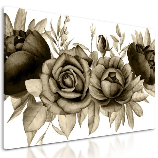 Obraz nežné splynutie ruží a listov v sépiovom prevedení