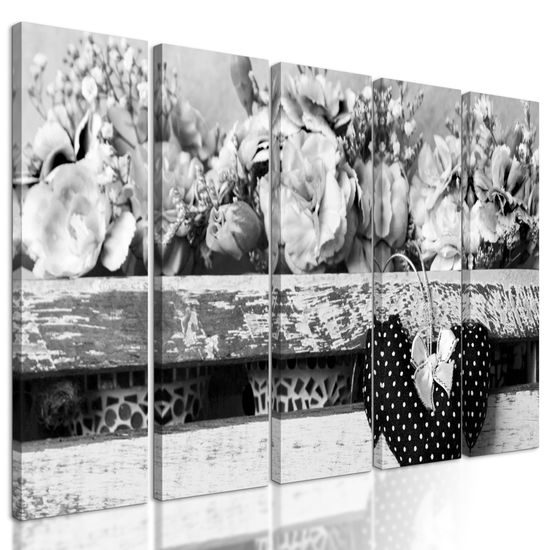 5-dielny obraz kvety karafiátu a srdiečko v čiernobielom prevedení