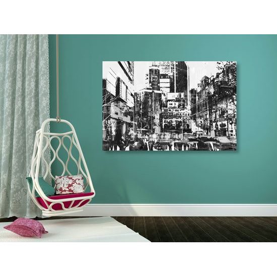 Obraz chaotické velkomesto v čiernobielom prevedení