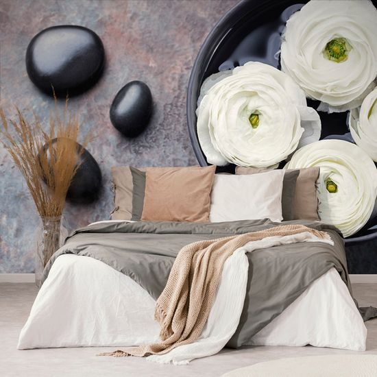 Originálna samolepiaca fototapeta zátišie zen kameňov s kvetmi