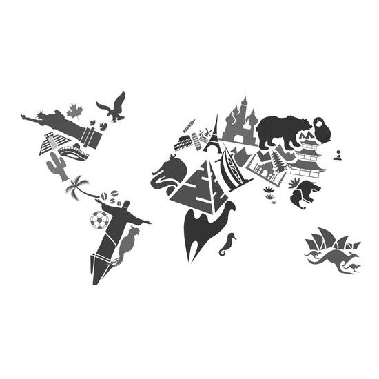 Obraz na korku čiernobiela mapa so symbolmi kontinentov