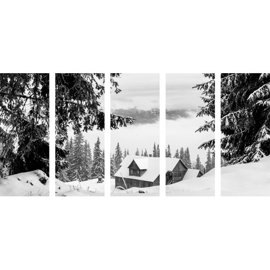 5-dielny obraz domček v lone zasneženej prírody v čiernobielom prevedení