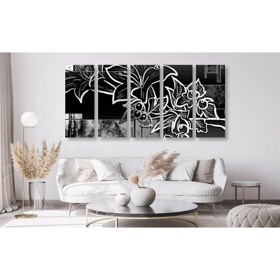 5-dielny obraz abstraktná kvetina v čiernobielom prevedení