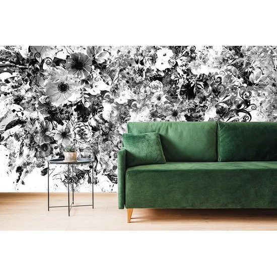 Zaujímavá samolepiaca tapeta rozmanitosť kvetov v čiernobielom prevedení