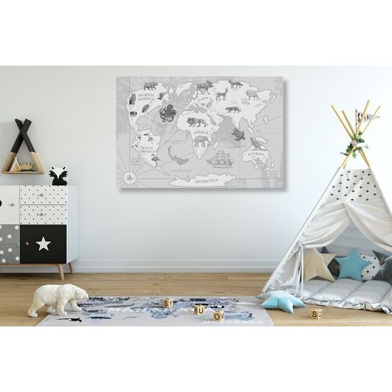 Obraz na korku čiernobiela kreslená mapa sveta s zvieratami