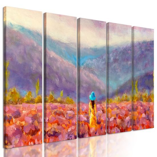 5-dielny obraz umelecká maľba žena v žltých šatách