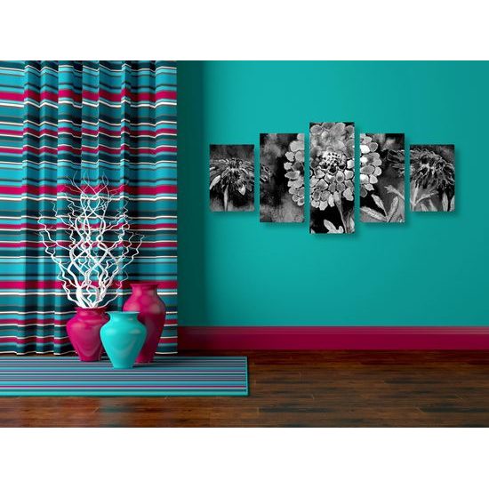 5-dielny obraz čiernobiela olejomaľba kvetov