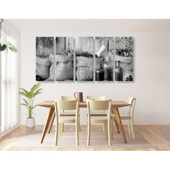 5-dielny obraz poľné bylinky v čiernobielom prevedení