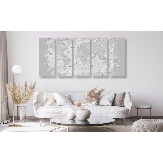 5-dielny obraz mapa sveta s historickým nádychom v čiernobielom prevedení