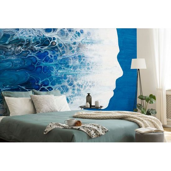 Samolepiaca tapeta profil ženy s modrou abstrakciou