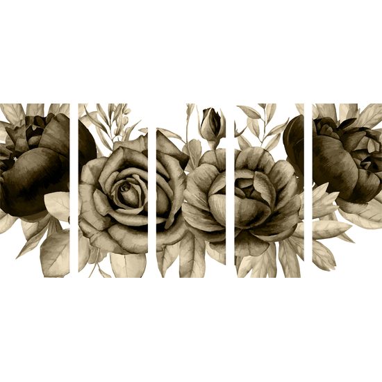 5-dielny obraz nežné splynutie ruží a listov v sépiovom prevedení