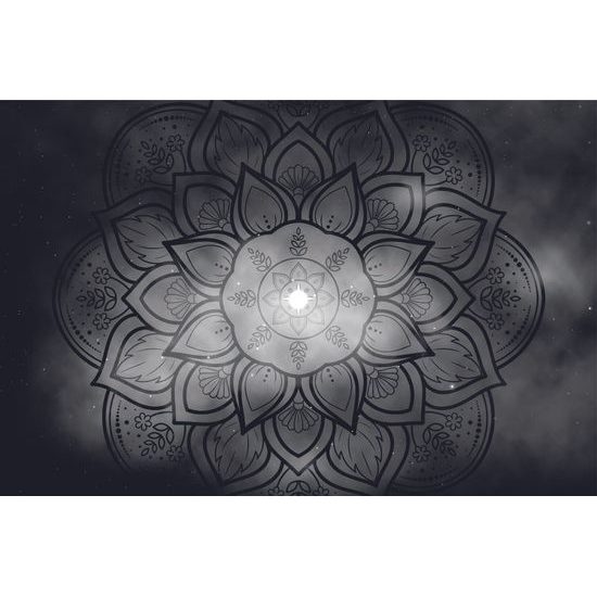 Samolepiaca tapeta galaktická Mandala v čiernobielom prevedení