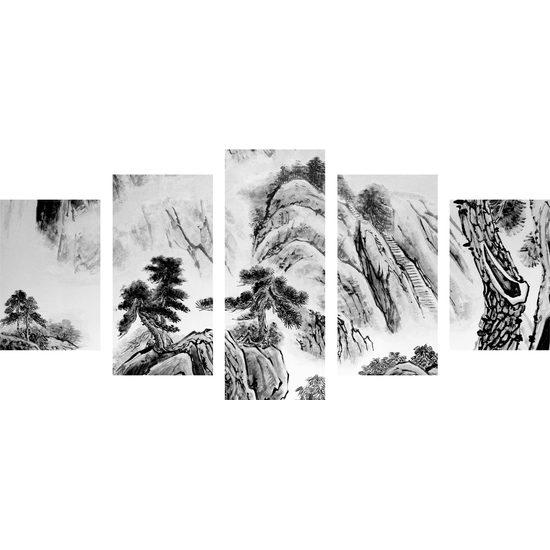 5-dielny obraz maľba činskej prírody v čiernobielom prevedení