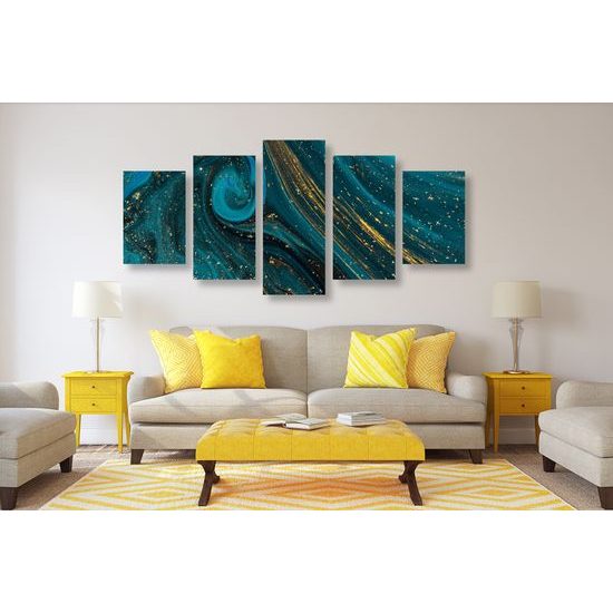 5-dielny obraz abstrakcia v petrolejovo zlatých farbách