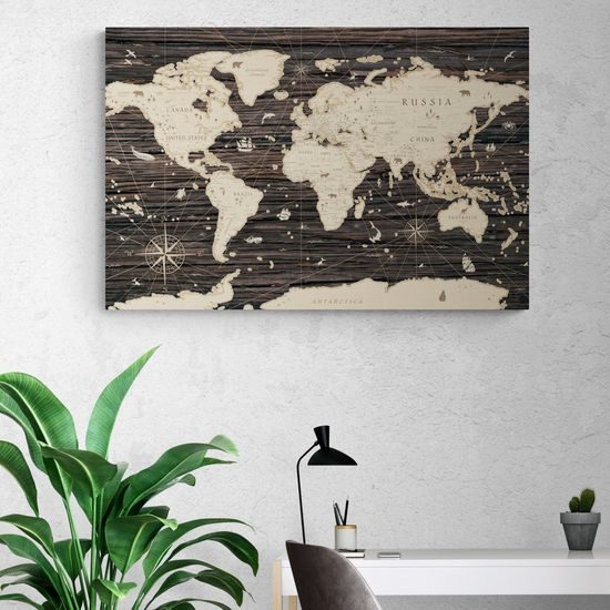 Obraz hnedá mapa sveta na dreve