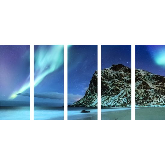 5-dielny obraz modro-zelená polárna žiara v Nórsku