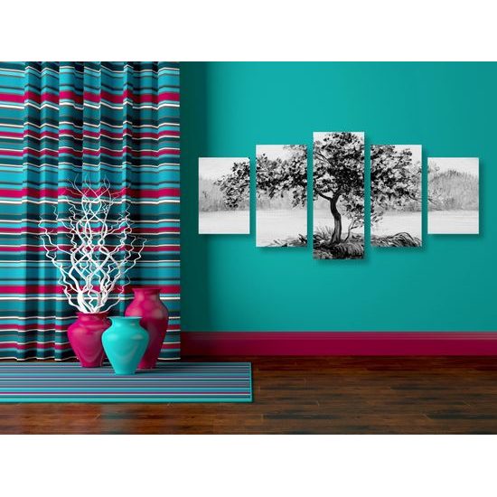 5-dielny obraz samotná čerešňa v čiernobielom prevedení