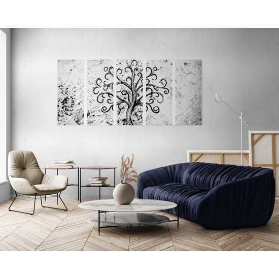 5-dielny obraz nehynúci strom života v čiernobielom prevedení