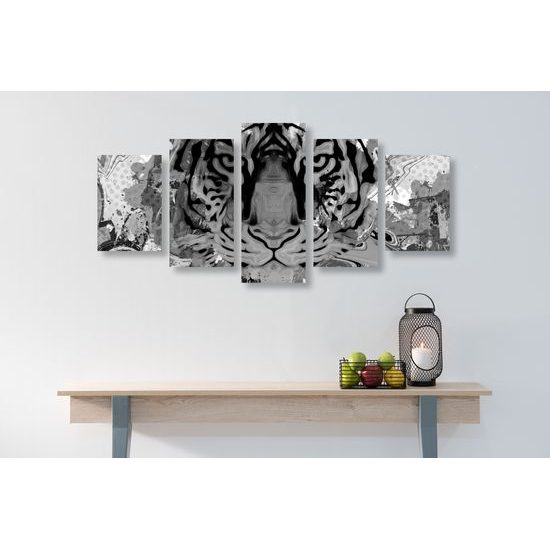 5-dielny obraz abstraktný tiger v čiernobielom prevedení