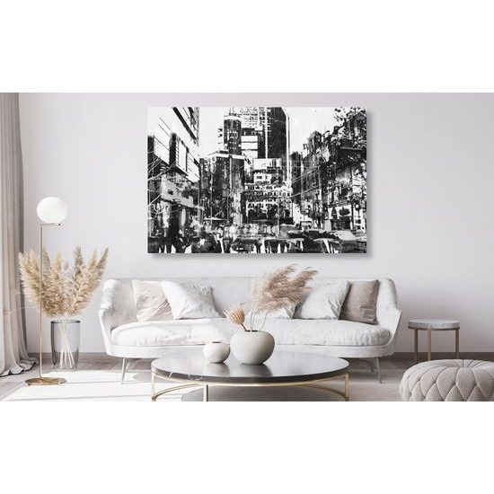 Obraz chaotické velkomesto v čiernobielom prevedení