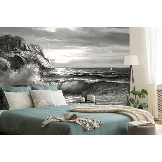 Krásna samolepiaca tapeta sila morských vĺn v čiernobielom prevedení