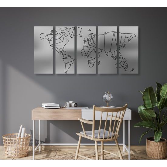 5-dielny obraz umelecká abstrakcia mapy sveta v čiernobielom prevedení