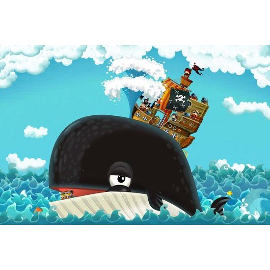 Samolepiaca tapeta plávajúca veľryba s pirátskou loďou