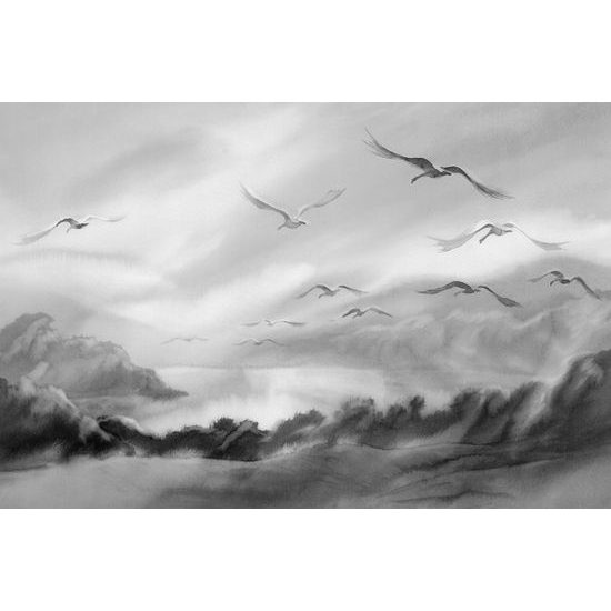 Tapeta odlietajúce vtáky nad jazerom v čiernobielom prevedení