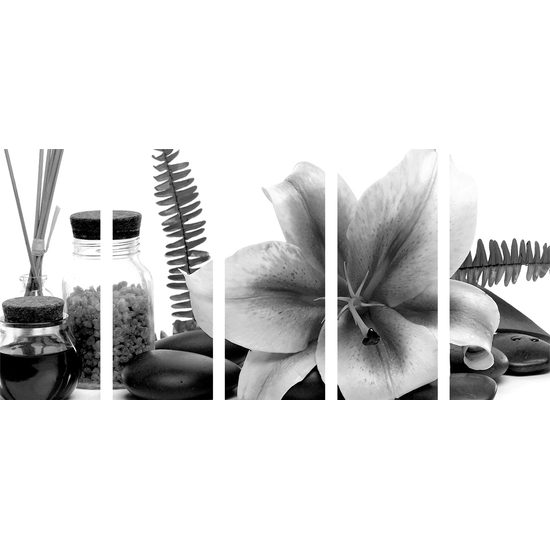 5-dielny obraz relaxačné zátišie s ľáliou v čiernobielom prevedení