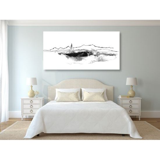 Obraz osamelá jachta v čiernobielom prevedení