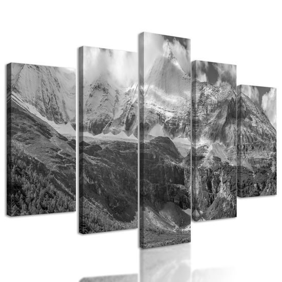 5-dielny obraz dychberúce hory v čiernobielom prevedení