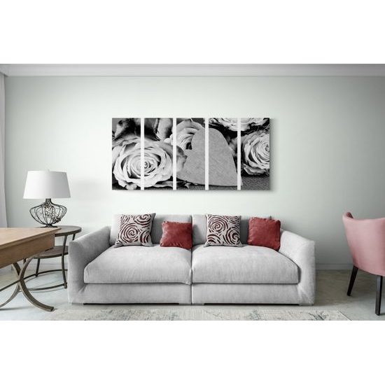 5-dielny obraz nádherné žlté ruže v čiernobielom prevedení